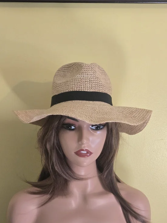 J. Crew G6551 Packable Foldable Raffia Straw Hat Natural Black Band Size S-M - Picture 2 of 11